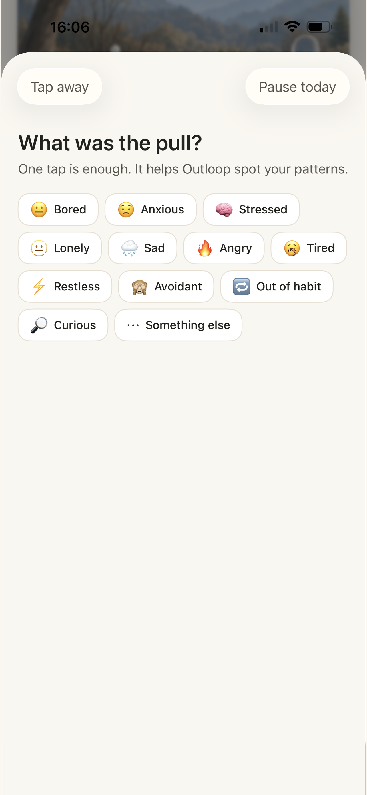 Check-in screen asking what the pull was, with mood options