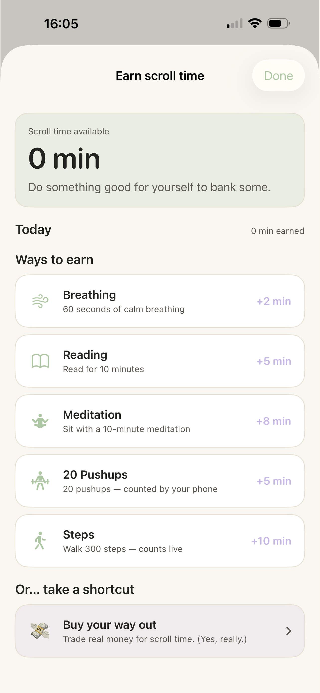 Earn scroll time screen listing breathing, reading, meditation, push-ups and steps