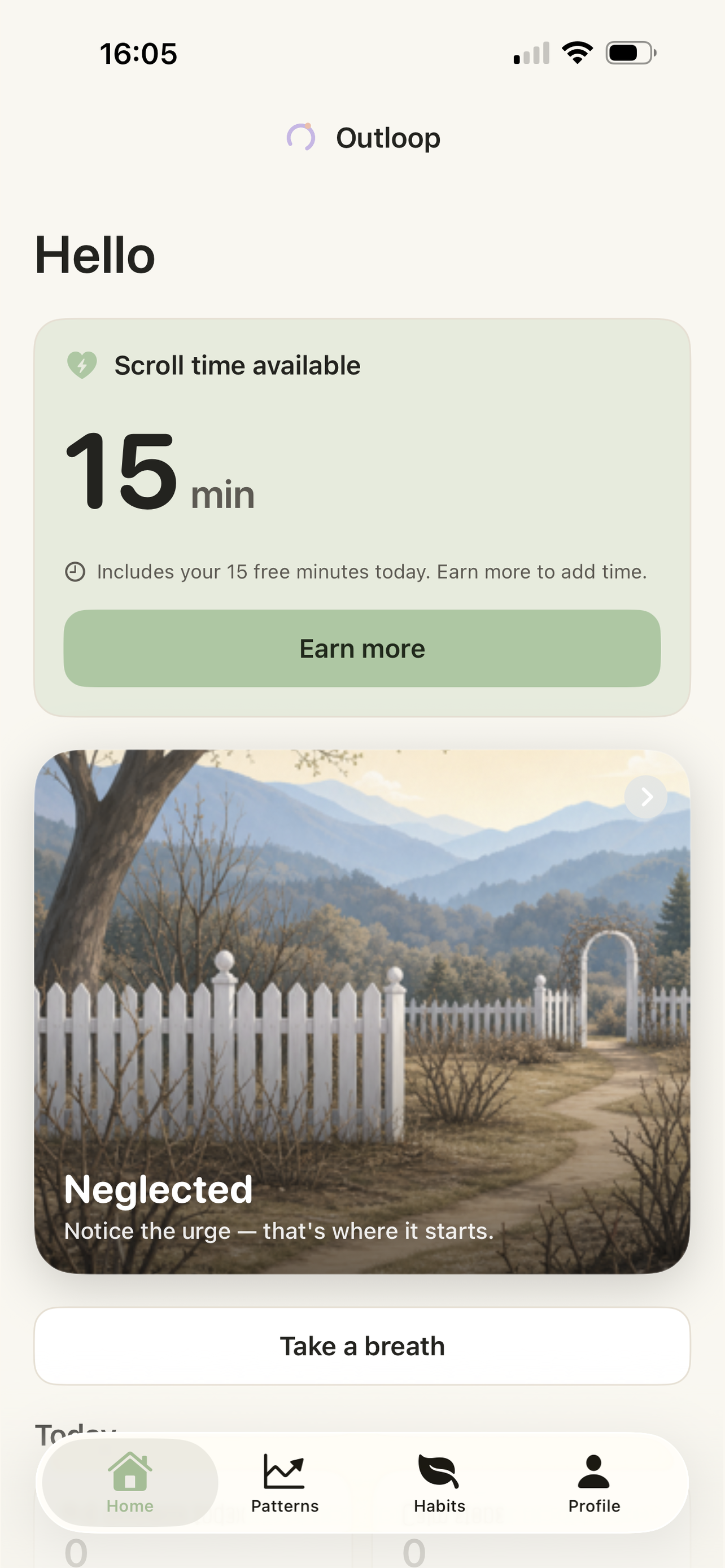 Outloop home screen with scroll time available and a garden card