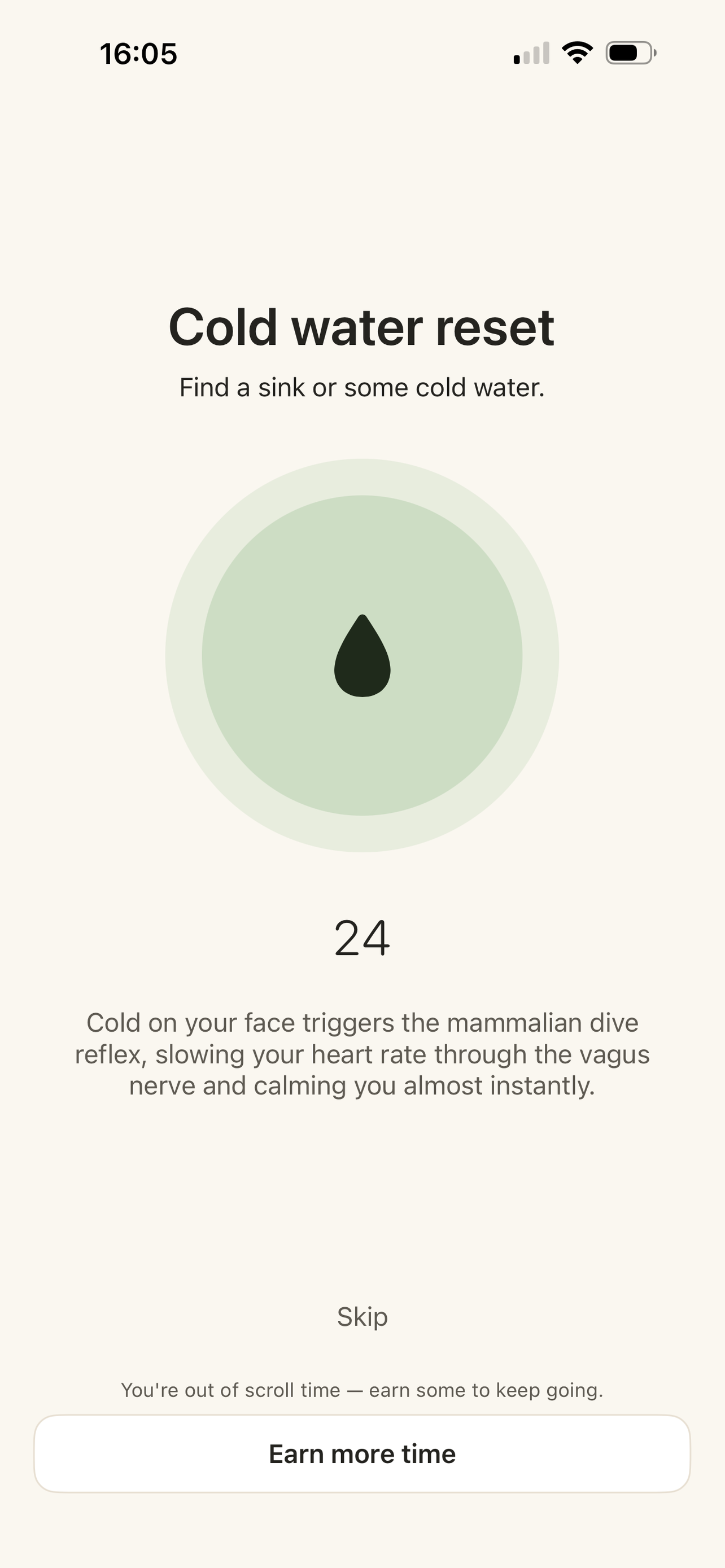 Cold water reset breathing screen with a countdown