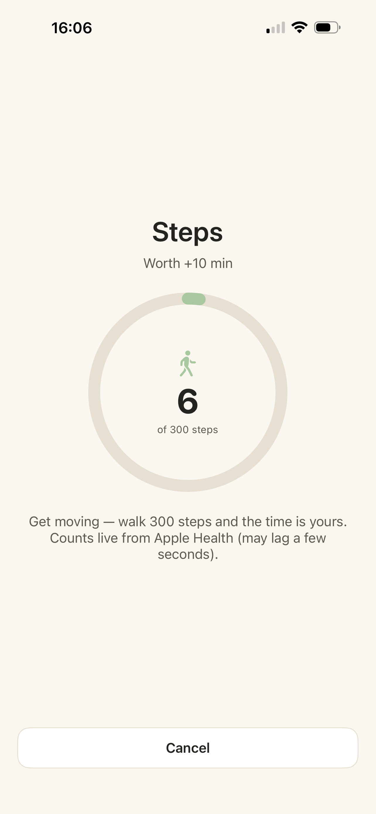 Steps earn screen counting live toward 300 steps